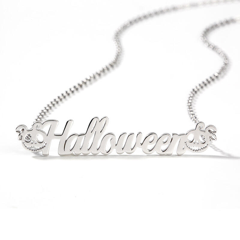 Jeulia "Skull Smiley" Pumpkin Personalized Sterling Silver Name Necklace