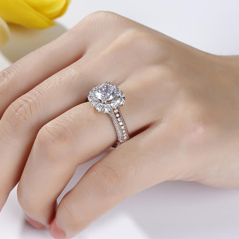 Jeulia Halo Two Tone Round Cut Sterling Silver Ring