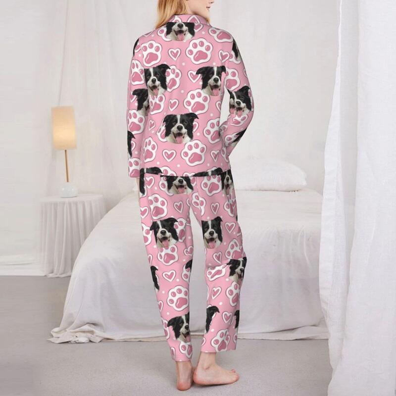 Gepersonaliseerde pyjama met foto van huisdieren Roze hartjes en pootafdrukken Leuk cadeau voor dierenliefhebbers