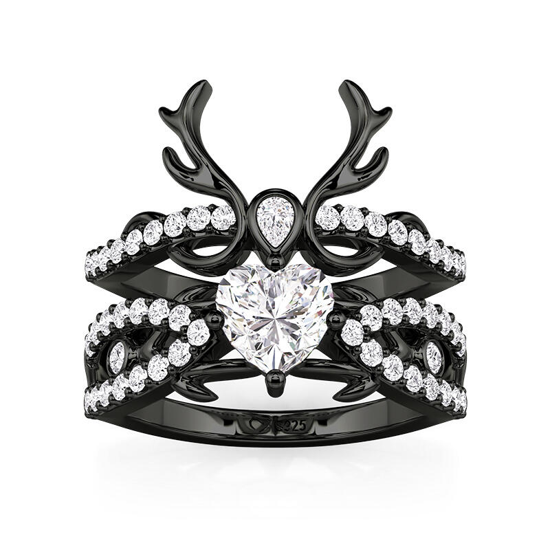 Jeulia 2PCS Gothic Black Thorn Heart Ring Set