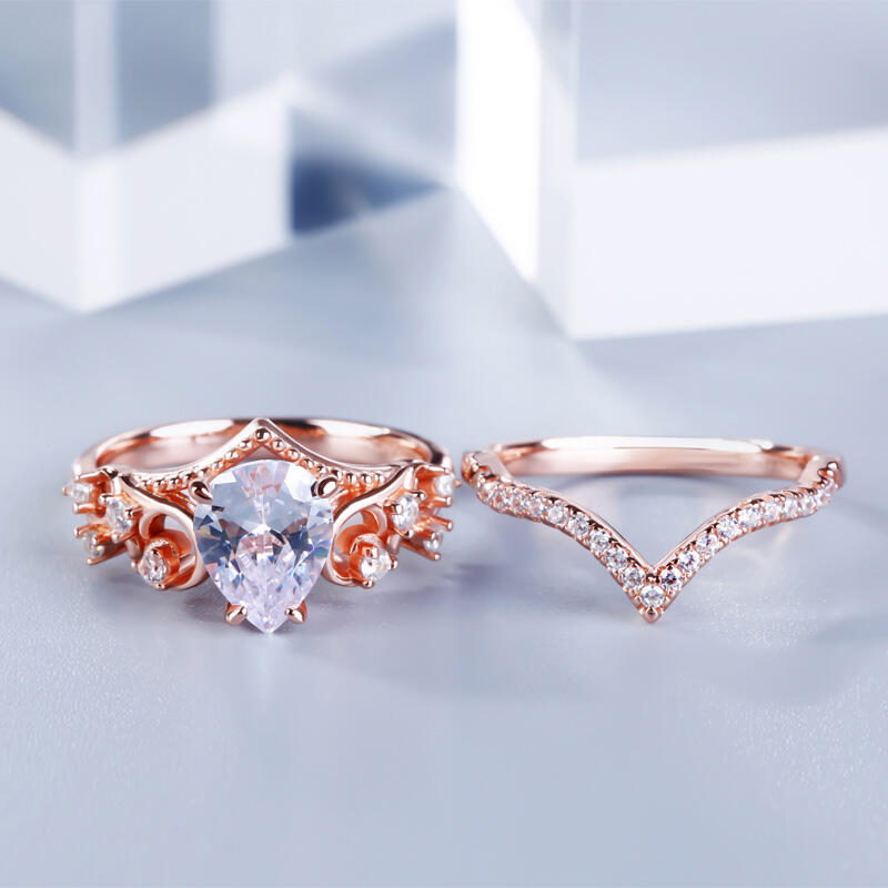 Jeulia Rose Gold Tone Pear Cut Sterling Silver Ring Set