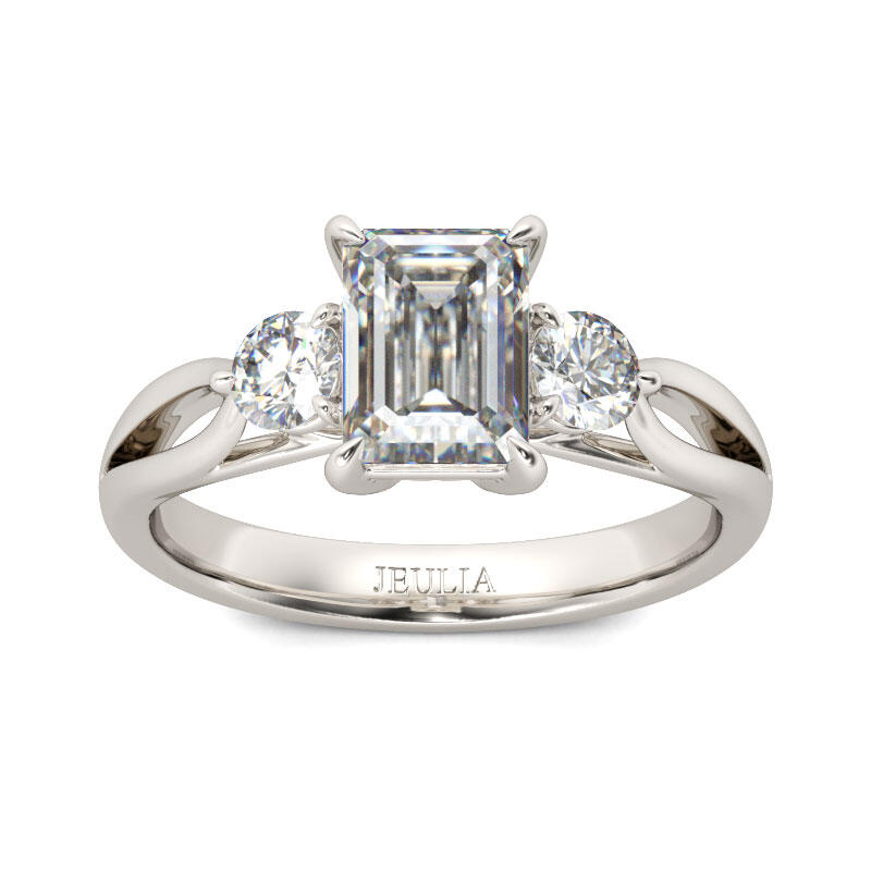 Jeulia Three Stone Split Shank Emerald Cut Sterling Silver Ring