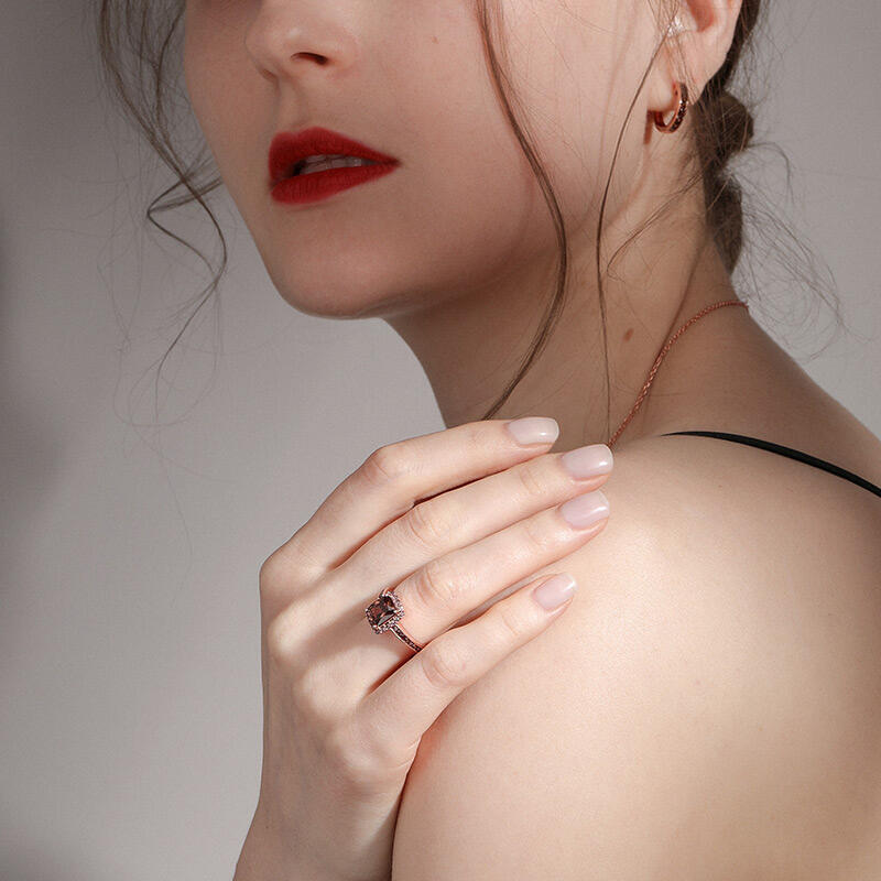 Jeulia "Delicious Coffee" Halo Emerald Cut Sterling Silver Ring