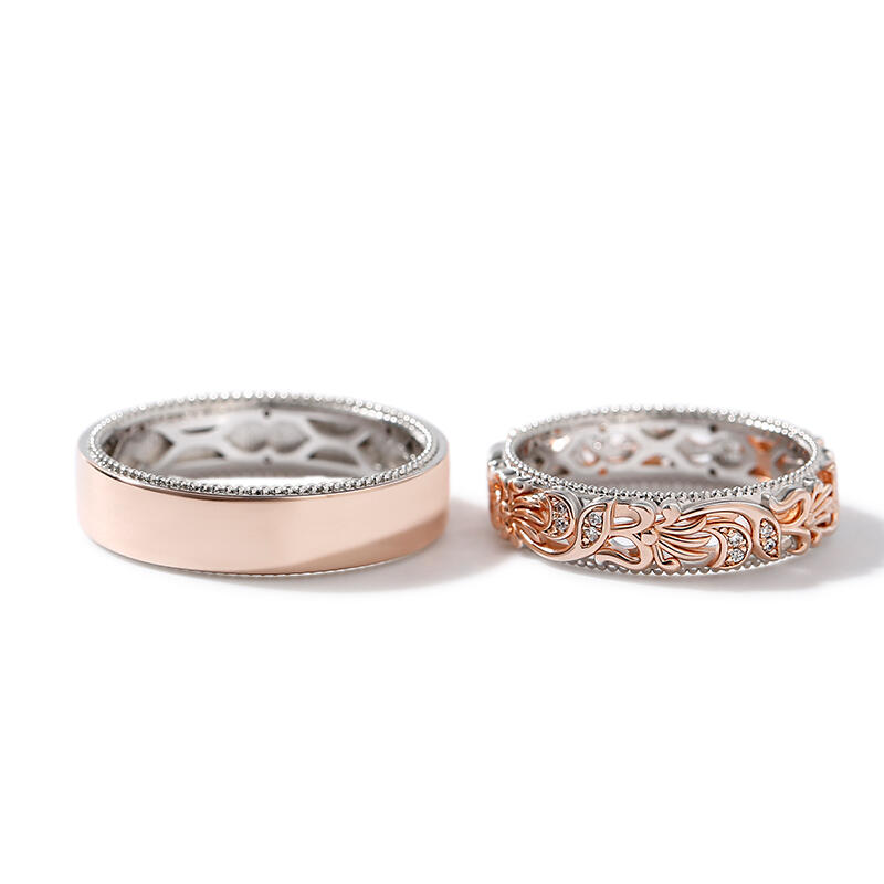 Jeulia Bague Couple Duo Alliance Deux Tons Sculpté de Fleurs et Feuilles Unique en Argent Sterling