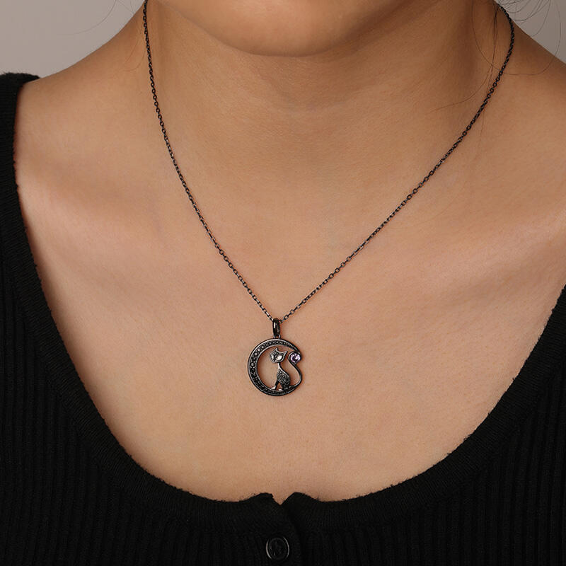 Jeulia "Black Cat on the Moon"Custom Birthstone Necklace