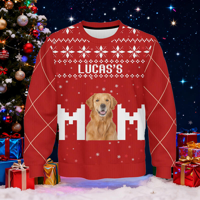 Personalized Ugly Sweater Unisex Pet's Mom Custom Photo Red Style Design Christmas Gift for Pet Lovers
