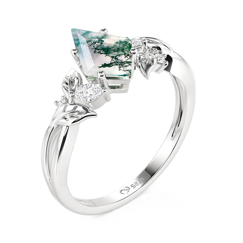 Jeulia Twisted Vine Leaf Kite Cut Moss Agate Engagement Ring