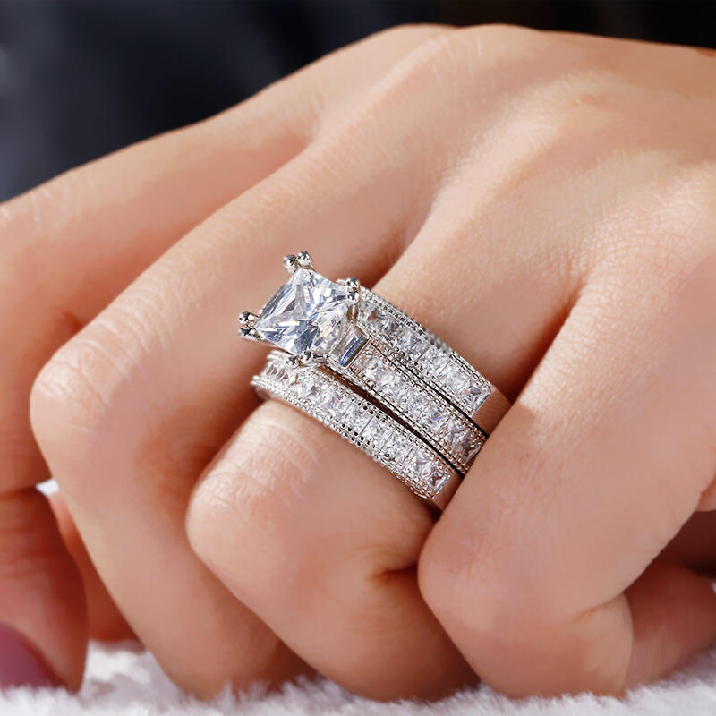 Jeulia 3PC Princess Cut Sterling Silver Ring Set