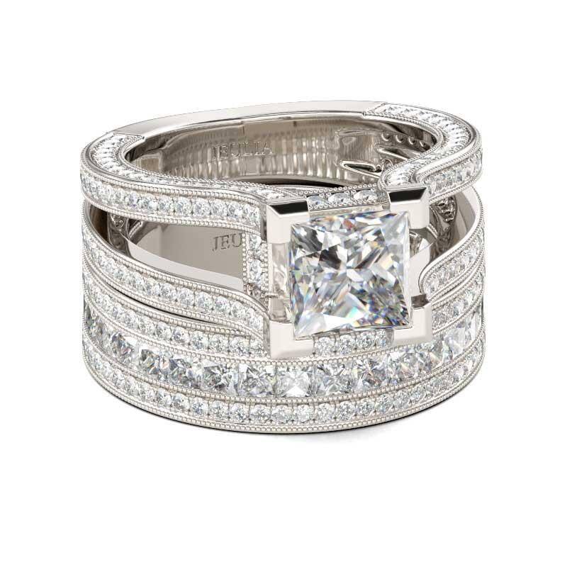 Jeulia Milgrain Princess Cut Sterling Silver Ring Set