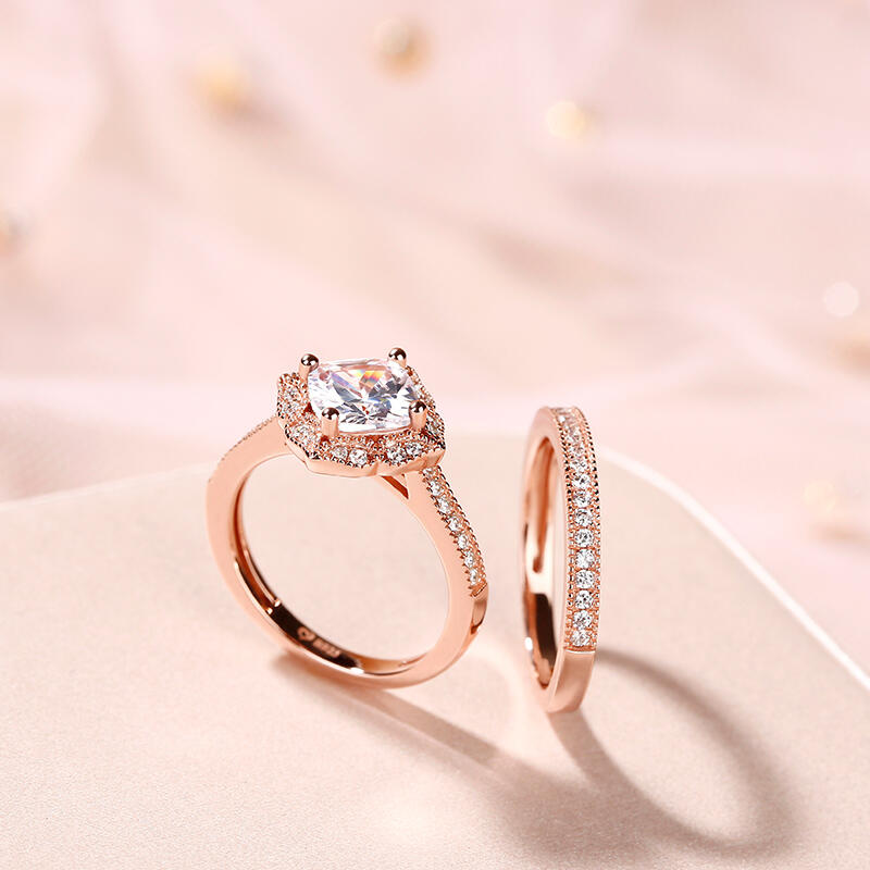 Jeulia Conjunto De Anillos De Plata De Ley Con Corte De Cojín Milgrain Vintage