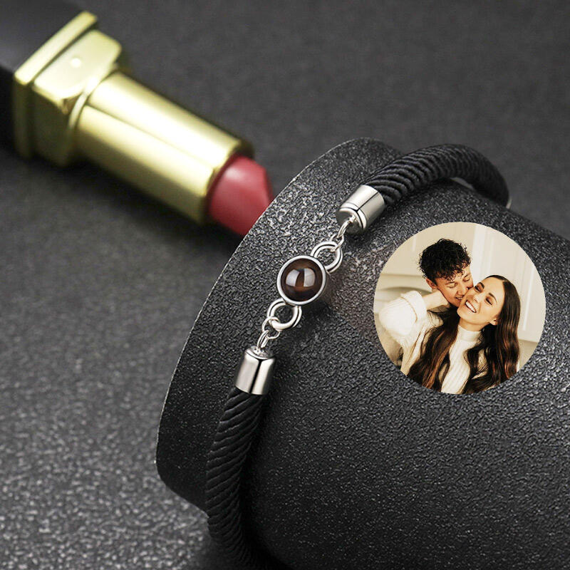 Bracciale con Proiezione di Foto Dentro Corda Nera e Perlina Argento Sterling