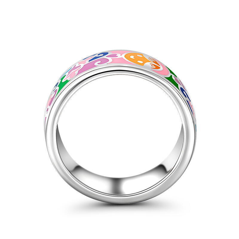Jeulia Anillos de mujer de plata de ley con esmalte de flor y caras sonrientes