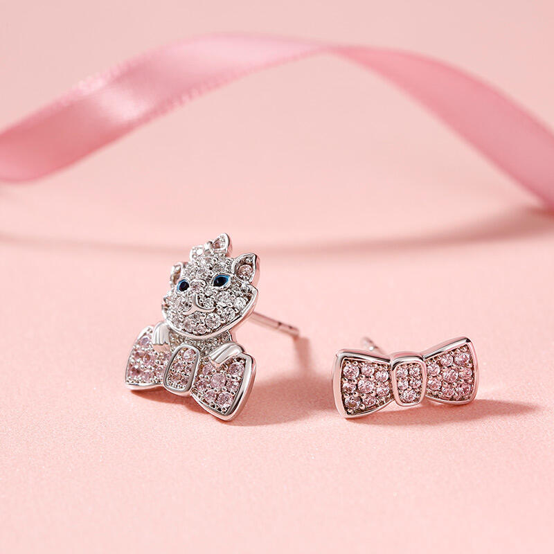 Jeulia "I Love Cats" Bow Design Mismatched Stud Earrings