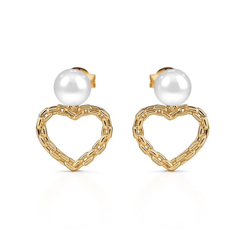 Jeulia "Sweet Chain Heart" Cultured Pearl Sterling Silver Drop Earrings