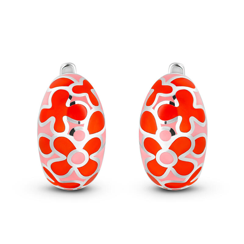 Jeulia Pendientes de aro con esmalte de flores rojas de plata de ley