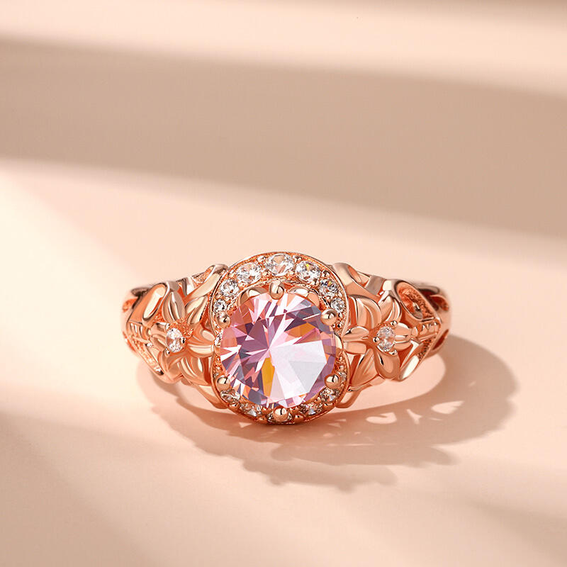 Jeulia Floral Halo Round Cut Synthetic Morganite Sterling Silver Ring
