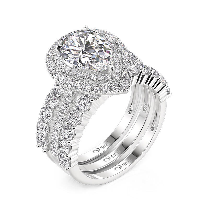 Jeulia Double Halo Pear Cut Engagement Ring Set 3PCS with Eternity Band