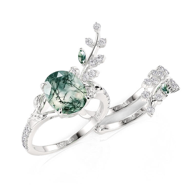 Jeulia Nature Inspired Vine Leaf Moss Agate Ring Set 2PCS