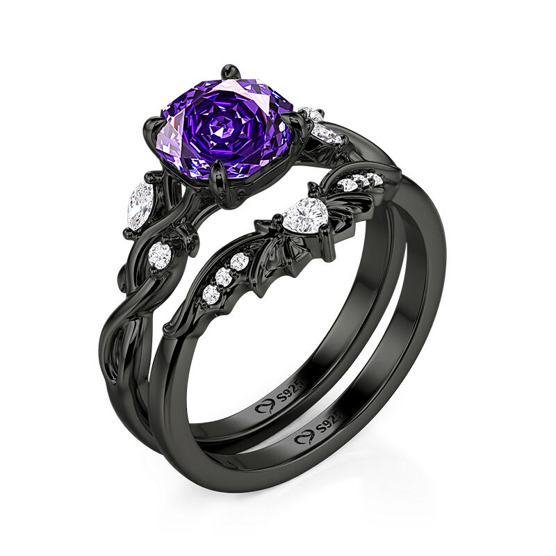 Jeulia Black Thorn Purple Rose Cut Ring Set Sterling Silver