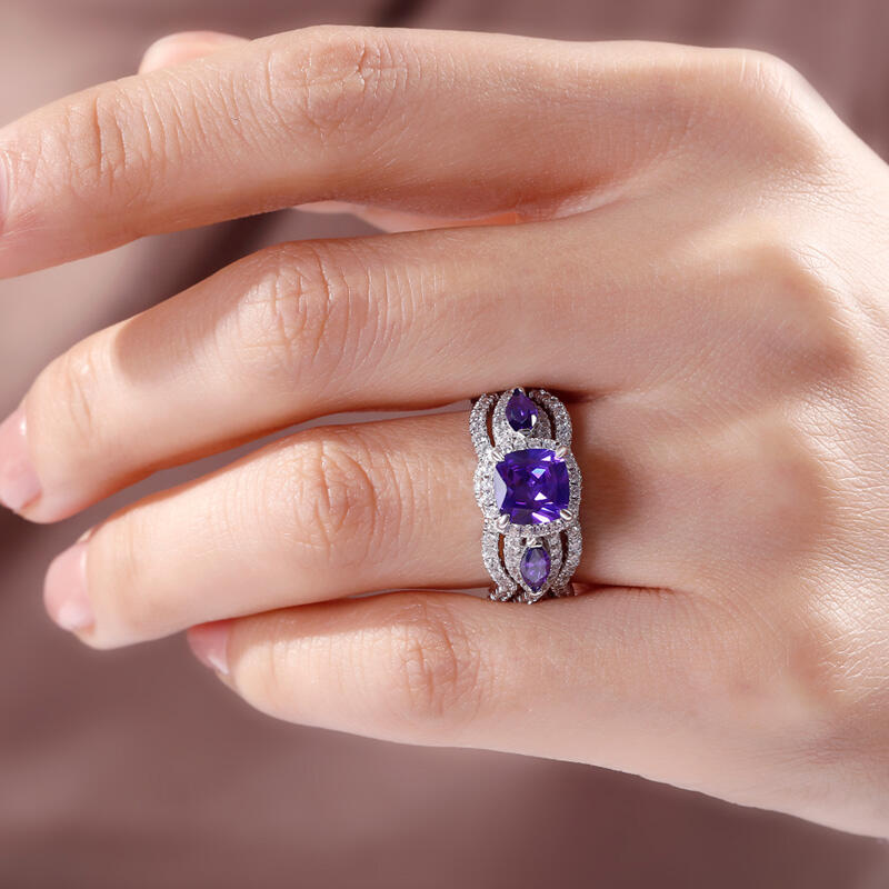 Jeulia Halo Three Stone Cushion Cut Sterling Silver 3PC Ring Set