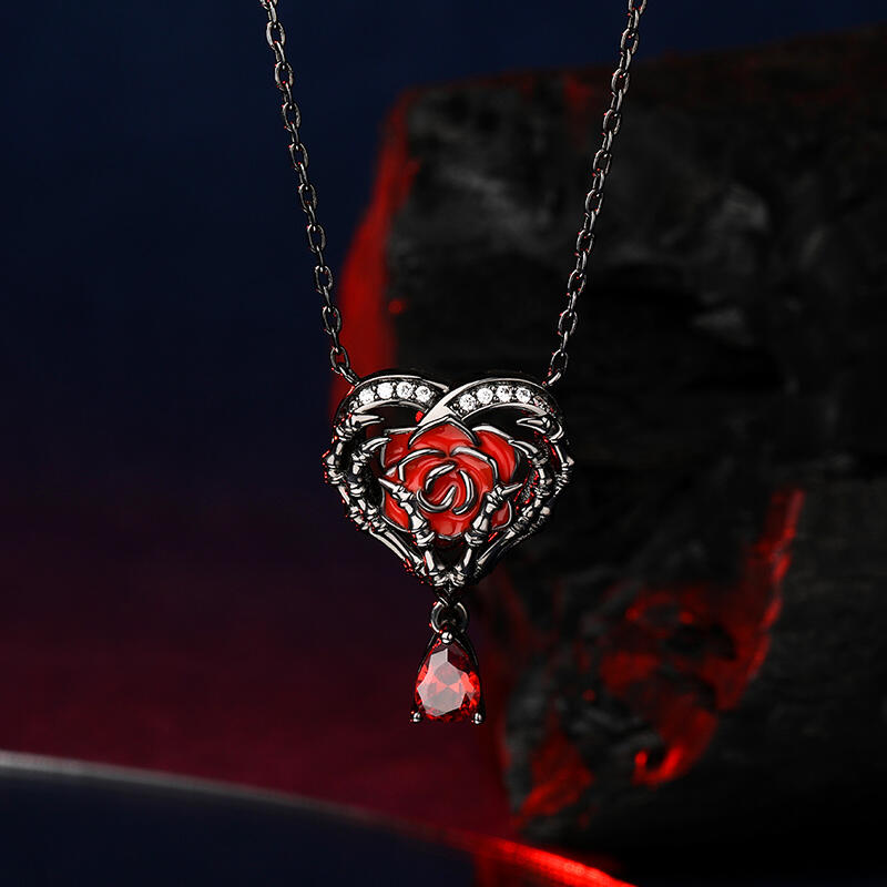 Jeulia "Never Ending Love" Skeleton Hands & Rose Sterling Silver Necklace