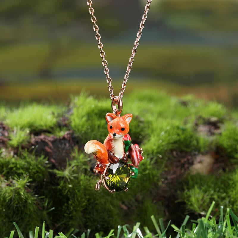 Fox with Flower Enamel Necklace