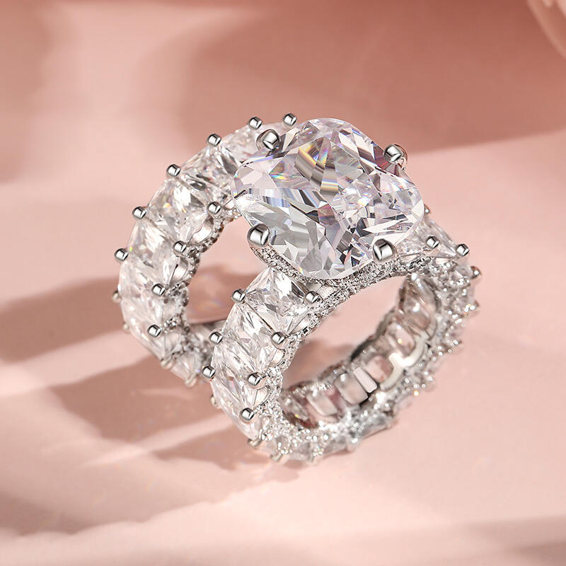 Jeulia Cushion Cut Three Sided Pave Sterling Silver Eternity Ring Set