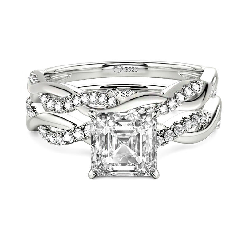 Jeulia Conjunto de Anillos de Plata de Ley con Corte Asscher y Torsión