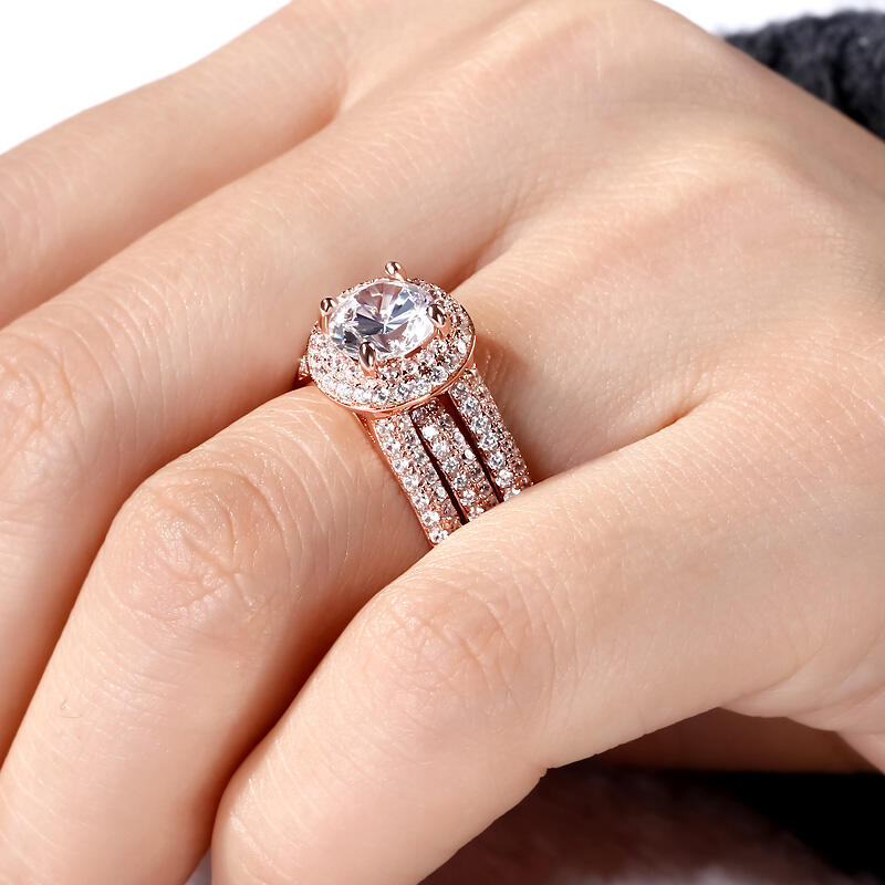 Jeulia Rose Gold Tone Halo Round Cut Sterling Silver Ring Set