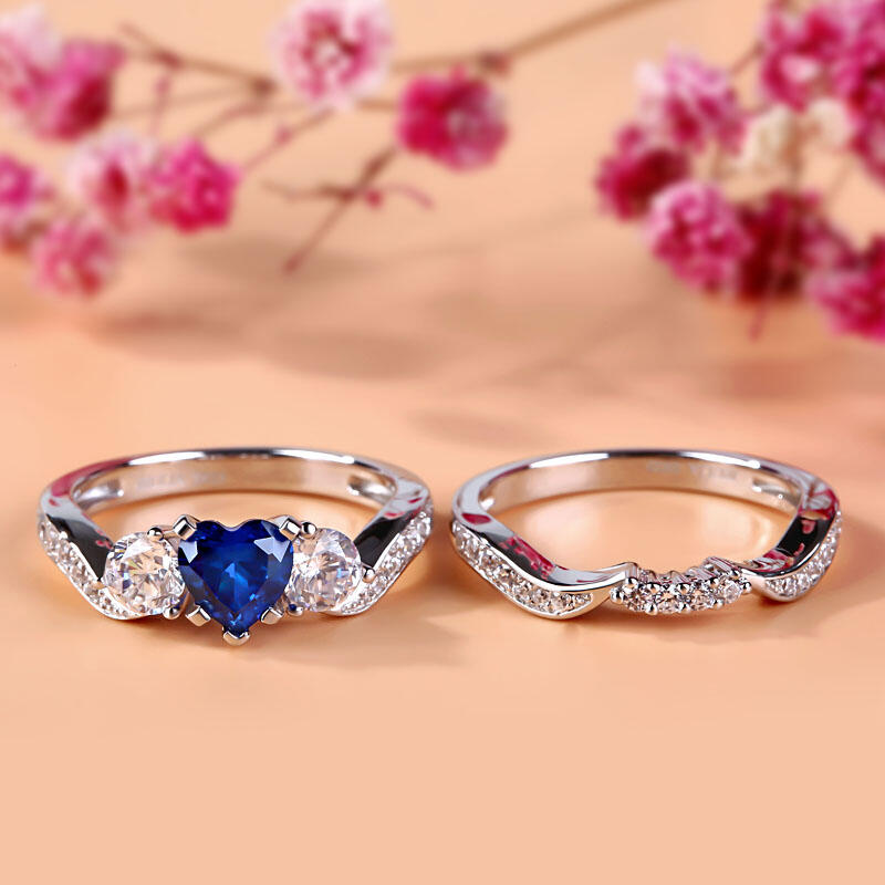 Jeulia Three Stone Heart Cut Sterling Silver Ring Set