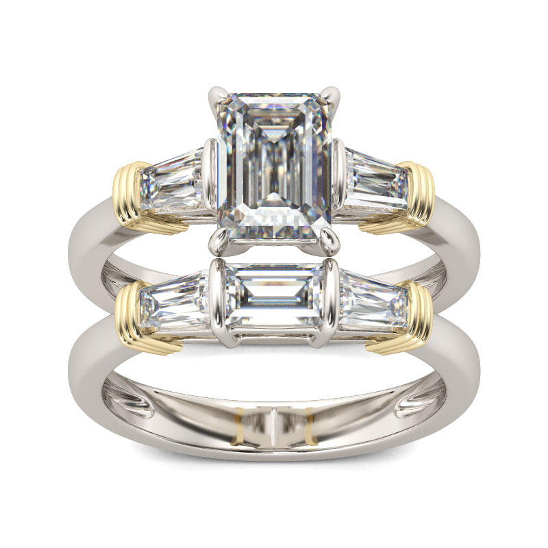 Jeulia Three Stone Emerald Cut Sterling Silver Ring Set