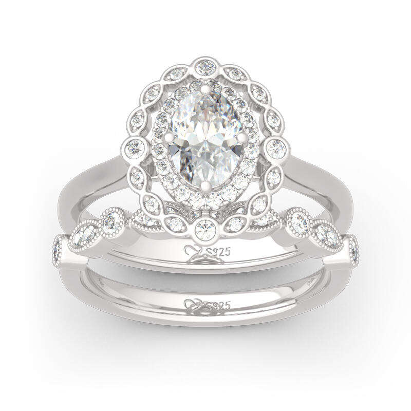 Jeulia Vintage Halo Oval Cut Sterling Silver Ring Set