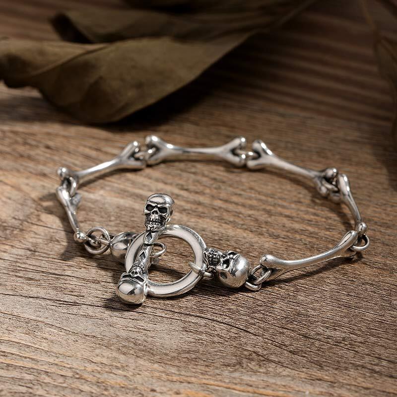 Jeulia Pulsera de huesos y calaveras conectadas de plata de ley