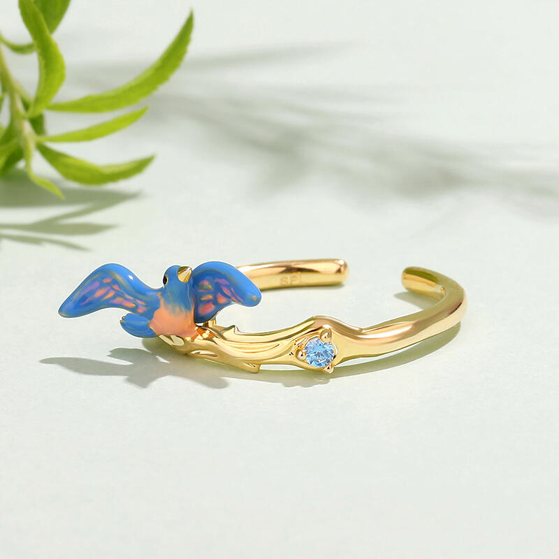 Jeulia Dreamy Garden Bird Design Enamel Adjustable Sterling Silver Ring