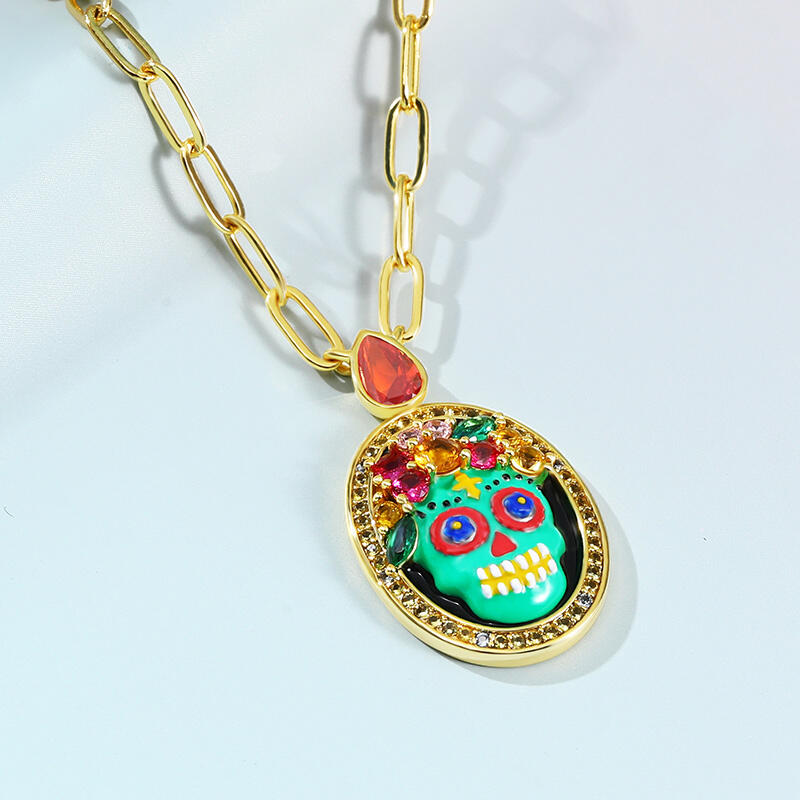 Jeulia "Sugar Bone" Skull Enamel Sterling Silver Necklace