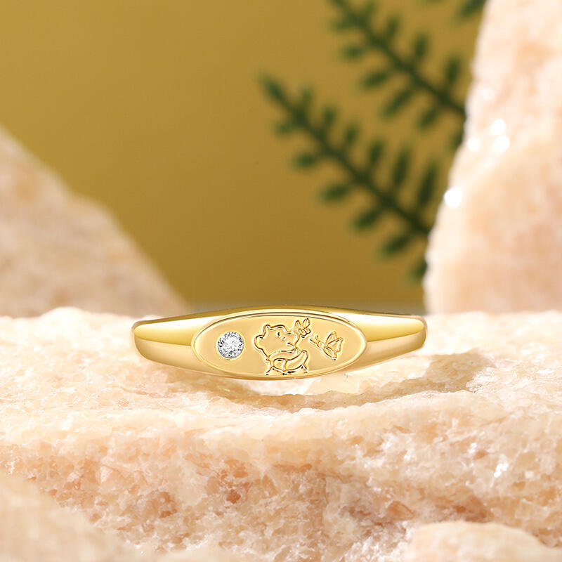 Jeulia Anillo de Plata Esterlina con Sello Ovalado de Oso de Dibujos Animados