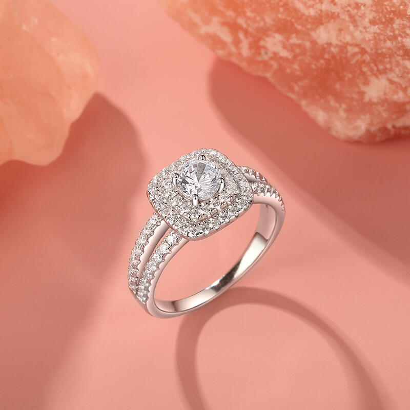 Jeulia Classic Double Halo Engagement Ring Sterling Silver