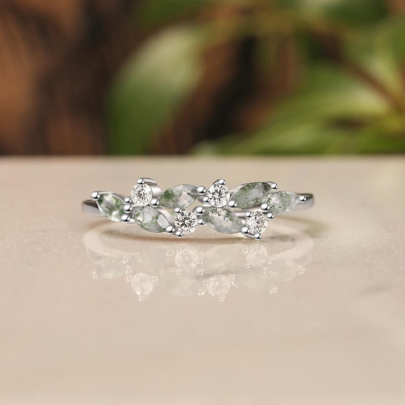 Jeulia Moss Agate Cluster Women's Wedding Band Sterling Silver