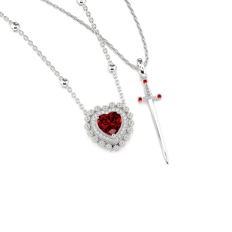 Jeulia Sword Couples Ruby Heart Necklace
