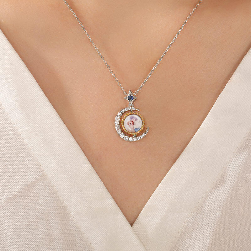 Jeulia Star and Moon Custom Photo Necklace Rotatable Double Sided