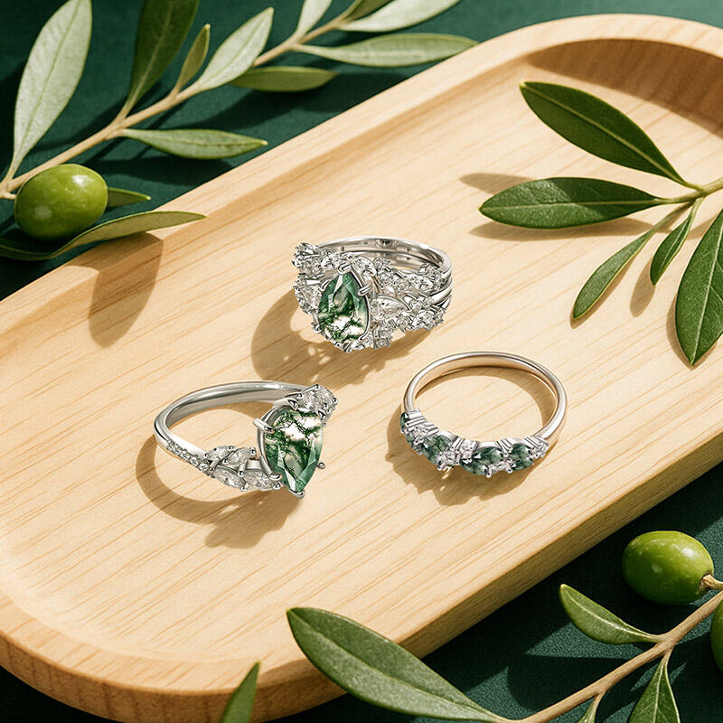 Jeulia Olivetta Pear Cut Moss Agate Ring Set