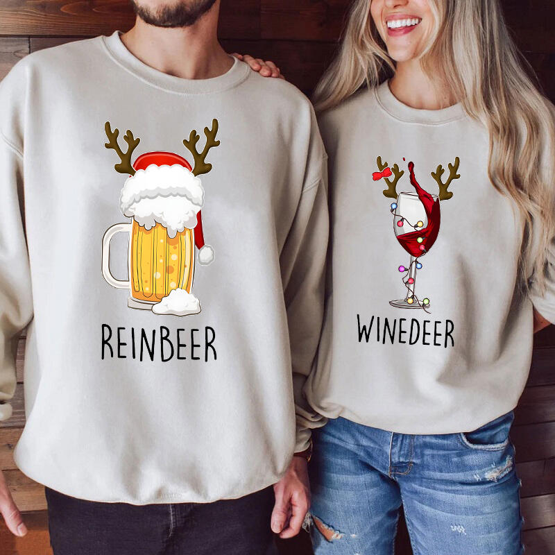 Personalized Sweatshirt Reinbeer Winedeer Funny Reindeer Pun Design Christmas Gift for Couples