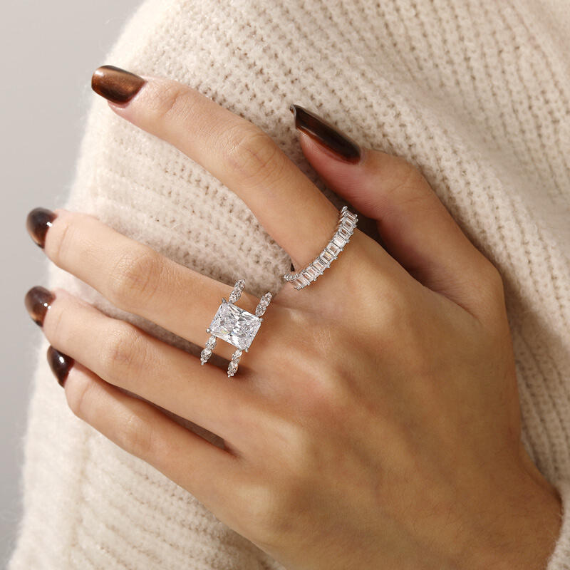 Jeulia Conjunto de Noiva Art Deco Corte Radiante em Prata Sterling