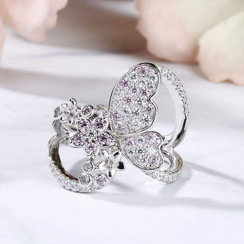 Jeulia Flower and Butterfly Sterling Silver Ring