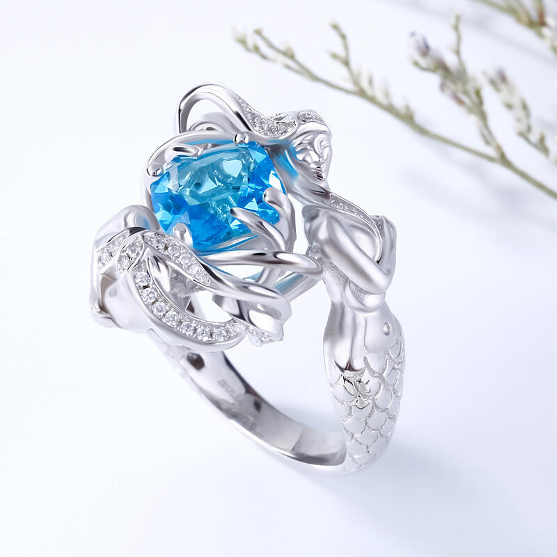 Jeulia Blue Cushion Cut Sterling Silver Mermaid Ring
