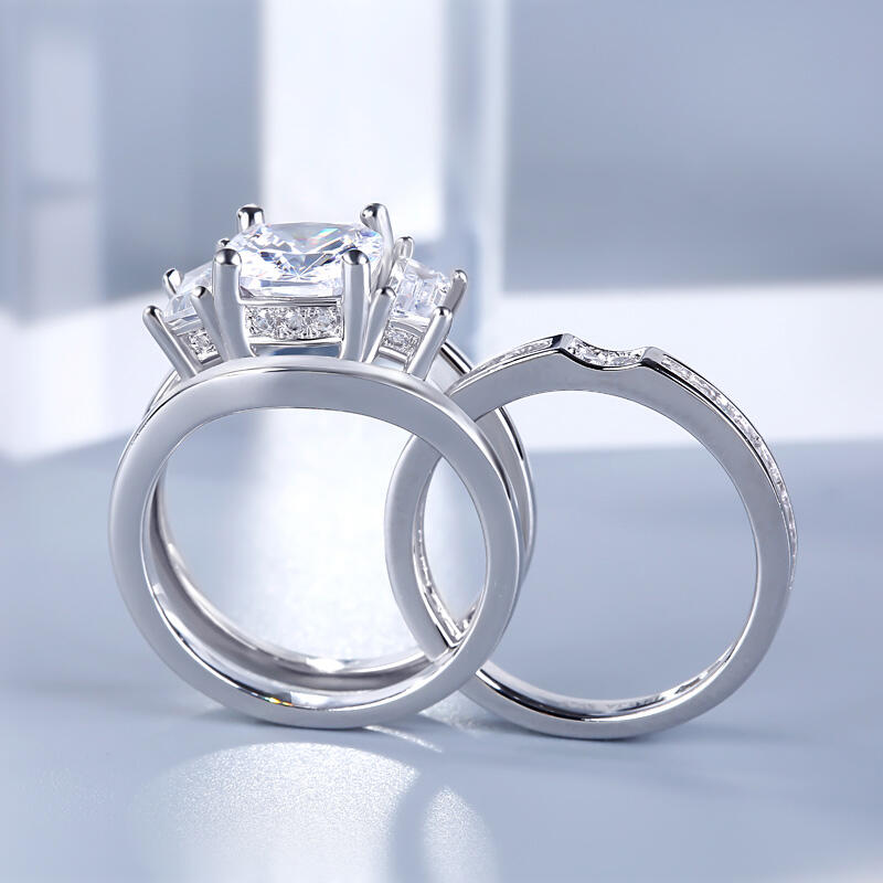 Jeulia Three Stone Cushion Cut Sterling Silver Ring Set