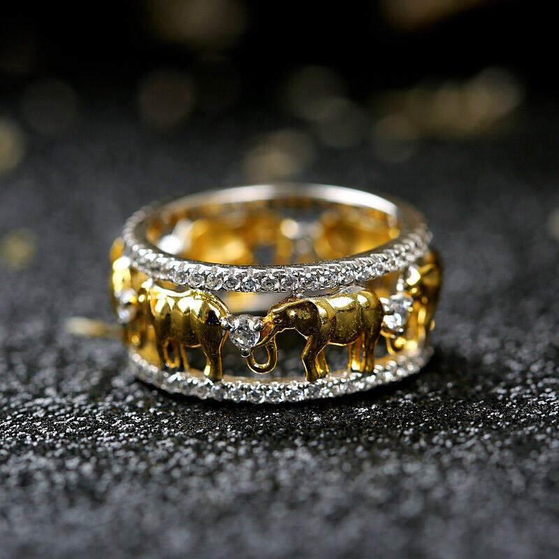 Jeulia Anillo Con Elefante De Dos Tonos De Talla De Redonda En Plata De Ley