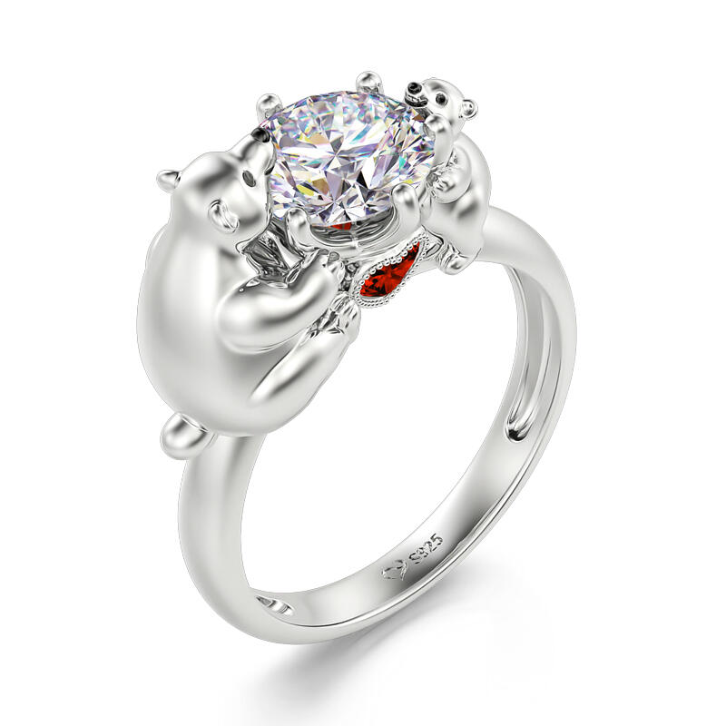 Jeulia Hug Me "Mother & Baby" Polar Bear Round Cut Sterling Silver Ring