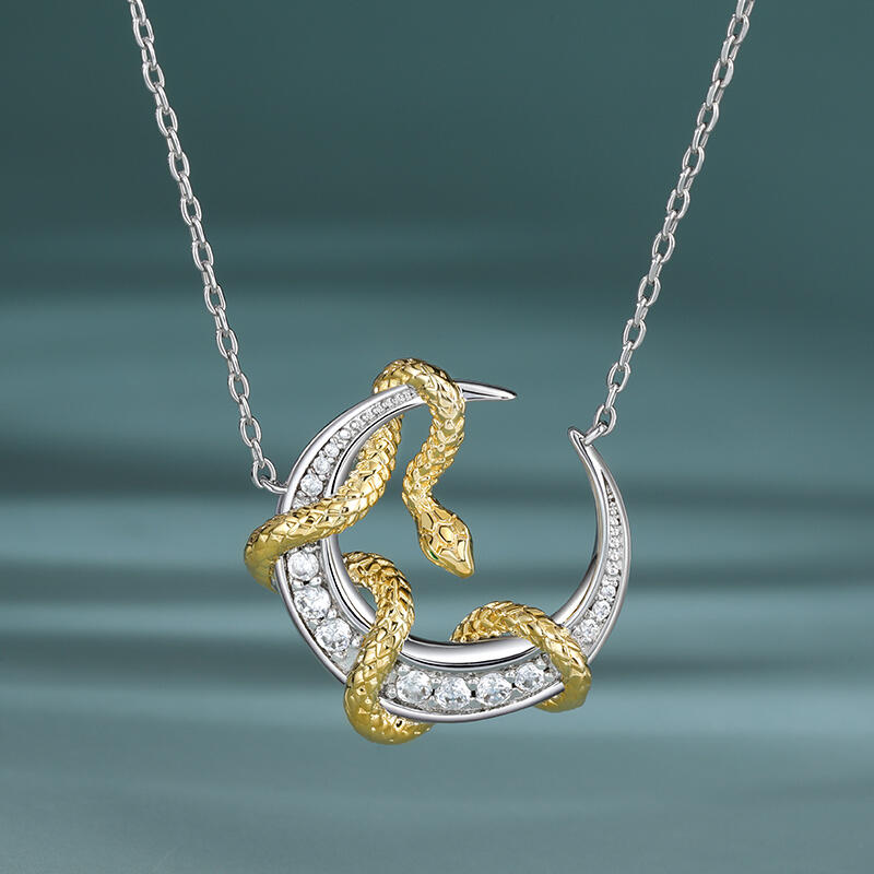 Jeulia "Golden Embrace" Snake & Moon Sterling Silver Necklace