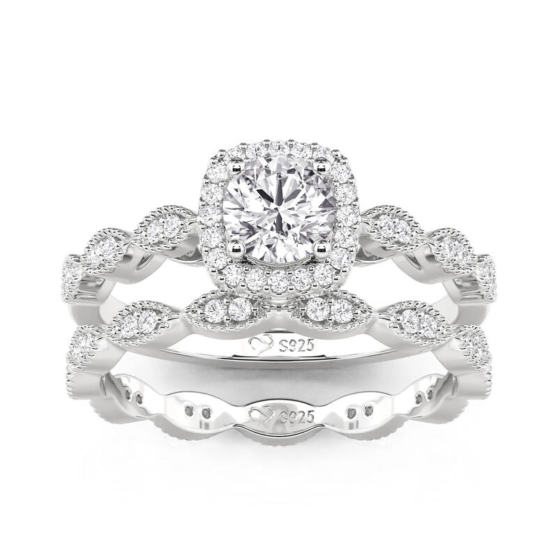 Jeulia Vintage Halo Round Engagement Ring Set Sterling Silver